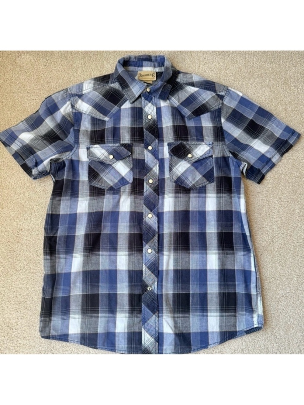 Roebuck & Co Men’s Western Shirt Short Sleeves Blue Plaid Pearl Snaps Small